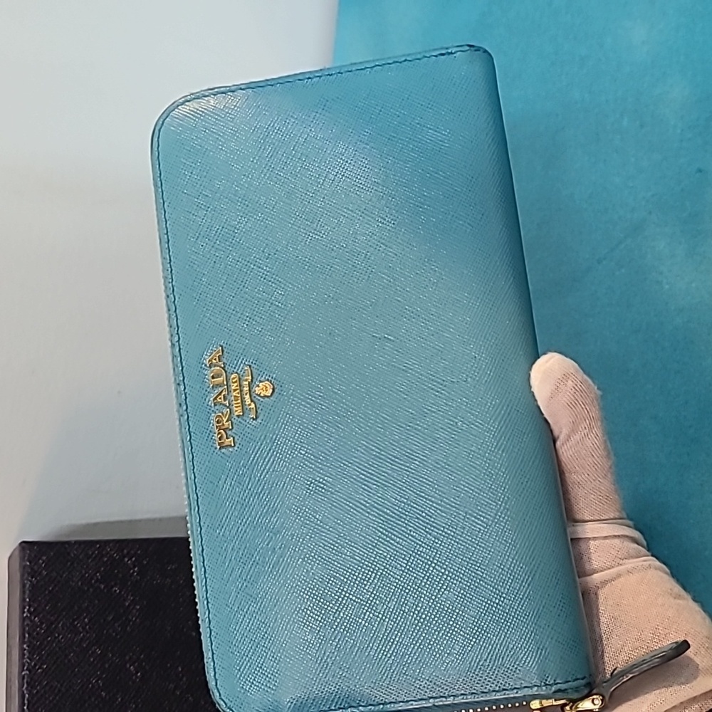 Prada Turquoise Zip Around Saffiano Leather Wallet - Picture 3 of 16
